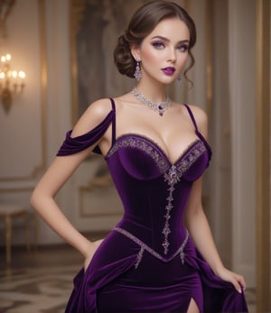 Masterpiece, 4K, ultra detailed, beautiful busty lady with glamorous makeup, beautiful bright eyes and  glossy lips, dangling crystal earrings, tight corset, purple velvet dress with lace trimming, depth of field, SFW,WEARING HAUTE_COUTURE DESIGNER DRESS