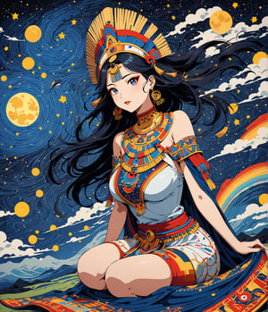 Masterpiece, 4K, ultra detailed, anime style, busty ancient Inca woman sitting on a flying carpet in the sky, beautiful flawless face with great makeup, dangling earrings, colorful headpiece, epic starry night, windy, more detail XL, SFW, depth of field, (ukiyoe art style), Ink art,
