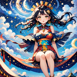 Masterpiece, 4K, ultra detailed, chibi anime style, busty ancient Inca woman sitting on a flying carpet in the sky, beautiful flawless face with great makeup, dangling earrings, colorful headpiece, epic starry night, windy, more detail XL, SFW, depth of field, (ukiyoe art style), Ink art,Deformed,masterpiece