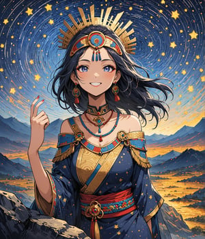 Masterpiece, 4K, ultra detailed, anime style, mature and elegant Inca woman standing on mountain boulder, beautiful flawless face with great makeup smiling, dangling earrings, colorful headpiece, epic starry night, windy, more detail XL, SFW, depth of field, (ukiyoe art style),