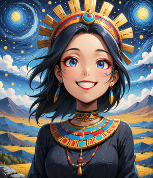 Masterpiece, 4K, ultra detailed, anime style, ancient Inca woman standing on mountain boulder, beautiful flawless face with great makeup smiling, dangling earrings, colorful headpiece, epic starry night, windy, more detail XL, SFW, depth of field, (ukiyoe art style),