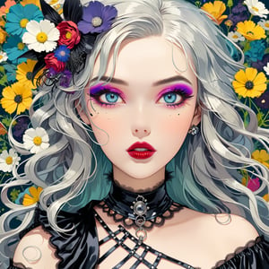 Masterpiece, 4K, ultra detailed, anime style, beautiful punk girl with goth makeup and glossy lips, long flowy hair, wild flowers, depth of field, SFW,more detail XL, retro illustrations, Vintage American illustration's 