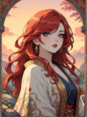 Masterpiece, 4K, ultra detailed, beautiful female singer with flawless dark makeup, beautiful detailed blue eyes and glossy lips, golden earring, wavy long red hair, silk robe, large boulder in a secret garden during sunset, windy depth of field, SFW, more detail XL, Ukiyoe Art Style, Art Nouveau Style