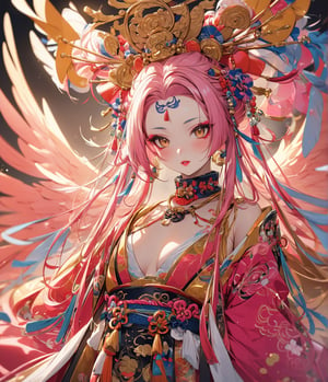 Masterpiece, 4K, ultra detailed, 1 golden pink hair angel girl with angelic makeup enhance by her seductive pink lips, detailed feather wings, SFW, depth of field, ,oiran,dunhuang