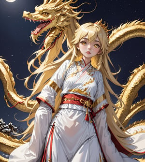 ((line ink illustration)), ink sketch, ink Draw, Comic Book-Style 2d, 4K, ultra detailed, 1 blonde girl with long hair wearing a traditional Asian dress, small breasts and detail eyes looking at viewers, Golden dragon in the background, more detail XL, SFW,  nighttime, moonlight, ,winterhanfu