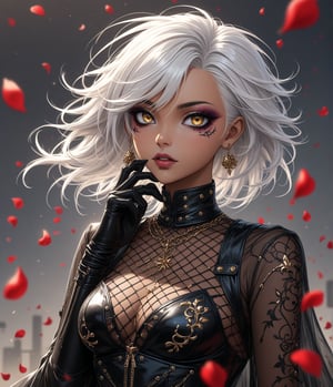 Masterpiece, 4K, ultra detailed, modern anime style, beautiful female singer with dark makeup, beautiful detailed eyes and glossy lips, golden earring, long white hair, sheer robe and leather gloves, romantic flower petals, windy, depth of field, SFW, more detail XL, punk art style,