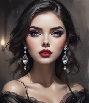 Masterpiece, 4K, ultra detailed, beautiful busty lady with glamorous makeup, beautiful bright eyes and  glossy lips, dangling crystal earrings, depth of field, SFW, dreamy background ,charcoal \(medium\),Ink art