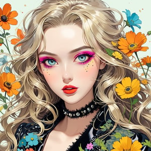 Masterpiece, 4K, ultra detailed, anime style, beautiful punk girl with glamorous makeup and glossy lips, long flowy hair, wild flowers, depth of field, SFW,more detail XL, retro illustrations, Vintage American illustration's 