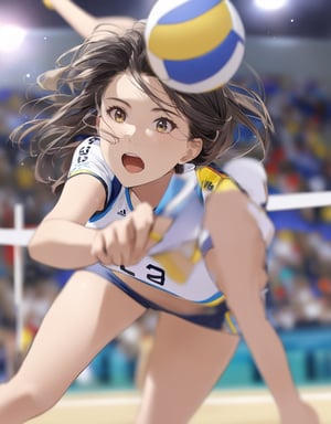 Masterpiece, 4K, ultra detailed, beautiful female athlete playing volleyball, Olympic competition, SFW, depth of field, 