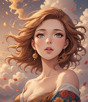 Masterpiece, 4K, ultra detailed, beautiful lady with natural makeup, beautiful detailed eyes and glossy lips, golden earring, brown and ginger ombre hair, romantic flower petals, colorful bellowing smoke, windy, depth of field, SFW, ukiyoe art style,