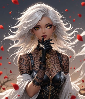 Masterpiece, 4K, ultra detailed, modern anime style, beautiful female singer with dark makeup, beautiful detailed eyes and glossy lips, golden earring, long white hair, flowy sheer robe and leather gloves, romantic flower petals, windy, depth of field, SFW, more detail XL, punk art style,