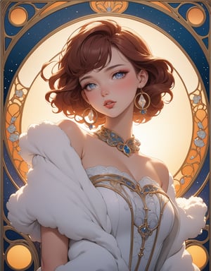 Masterpiece, 4K, ultra detailed, sexy fashion woman, glossy seductive lips and sparkling eye shadow, dangling earrings, fluffy hoop skirt, SFW, depth of field, falling silver dust, Art Nouveau, backlighting,