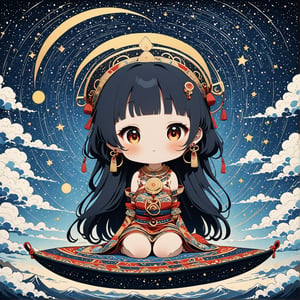 Masterpiece, 4K, ultra detailed, chibi anime style, busty ancient Inca woman sitting on a flying carpet in the sky, beautiful flawless face with great makeup, dangling earrings, colorful headpiece, epic starry night, windy, more detail XL, SFW, depth of field, (ukiyoe art style), Ink art,Deformed,masterpiece,best quality