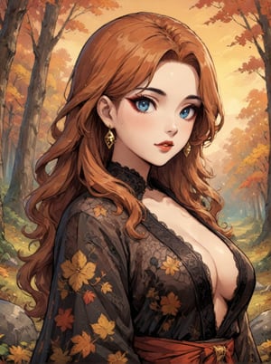 Masterpiece, 4K, ultra detailed, beautiful female singer with flawless dark makeup, beautiful detailed eyes and glossy lips, golden earring, wavy long ginger hair, sheer lace robe, large boulder in quiet autumn forest during sunset, depth of field, SFW, more detail XL, Ukiyoe Art Style, painting,