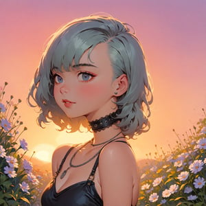 Masterpiece, 4K, ultra detailed, sexy punk woman, choker necklace, long flowy hair, wild flowers, depth of field, SFW, Ukiyoe Art Style, Vintage American illustration's,KidsRedmAF, sunset,