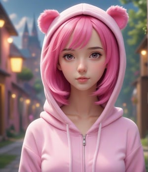 Masterpiece, 4K, ultra detailed, pretty pink hair girl wearing cartoon bear onesie, SFW, depth of field, dreamy background,