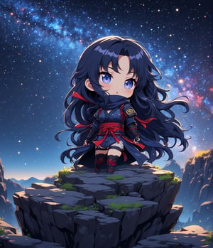 Masterpiece, 4K, ultra detailed, chibi anime style, beautiful female ninja with flawless makeup and glossy lips, long flowy hair wearing ninja outfit, on top of a rocky cliff, colorful starry night, depth of field, SFW, Ukiyoe Art Style,