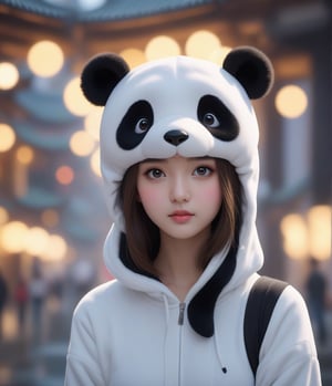 Masterpiece, 4K, ultra detailed, pretty girl wearing puffy panda onesie, SFW, depth of field, dreamy background,