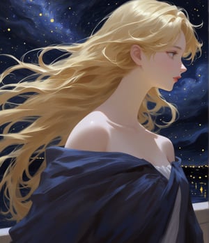 Masterpiece, 4K, ultra detailed, 1 beautiful woman with blonde hair and glossy lips, windy starry night, SFW, depth of field, oil painting, illustration style,style by nty