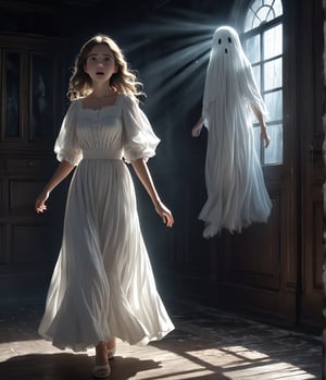 Masterpiece, 4K, Ultra detailed, beautiful girl wearing white dress walking in a dark haunted house, feminine figure, scared expression with both hand up, SFW, light rays streaming from the windows, floating white ghost,