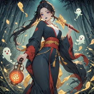 Masterpiece, 4K, ultra detailed, anime style, female ghost buster with flawless makeup and dark blue lips, yellow paper talisman with red oak wooden sword on 1 hand, dark satin robe with Gourd Water Bottle tied to waist, in a dark bamboo forest at night, floating ghost spirit in the back, depth of field, SFW,huayu, Ukiyoe Art Style,