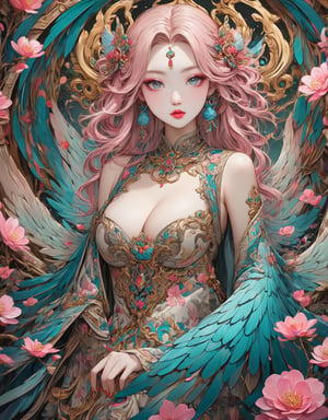 Masterpiece, 4K, ultra detailed, 1 golden pink hair angel girl with angelic makeup enhance by her seductive pink lips, gray and cyan ombre detailed feather wings, busty with ample cleavage, traveling through mystical flowering forest, (Baroque art style), SFW, depth of field, ,dunhuang, ,Ink art
