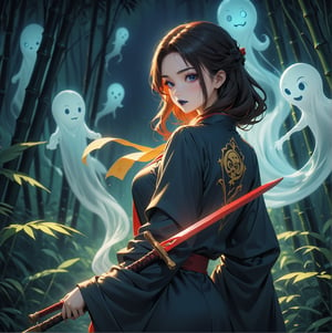 Masterpiece, 4K, ultra detailed, anime style, female ghost buster with flawless makeup and dark blue lips, yellow paper talisman with red wooden sword on 1 hand, dark satin robe, in a dark bamboo forest at night, floating ghost spirit in the back, depth of field, SFW,huayu,glowing sword
