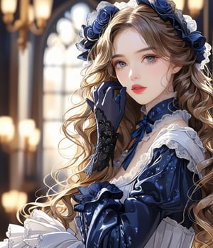 Masterpiece, 4K, ultra detailed, anime Style, 1 beautiful woman with long wavy hair and glossy lips wearing traditional Victorian outfit, short lace gloves, SFW, depth of field,shuimo style