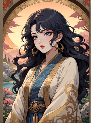 Masterpiece, 4K, ultra detailed, beautiful female singer with flawless dark makeup, beautiful detailed blue eyes and glossy lips, golden earring, wavy long flowy hair, silk robe, large boulder in a secret garden during sunset, windy depth of field, SFW, more detail XL, Ukiyoe Art Style, Art Nouveau Style