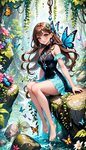 Solo, full body portrait, beautiful woman with long brown hair, big detailed eyes and dangling crystal earrings, sitting on boulders, both feet in water kicking, in forest with hanging thick vines, colorful flowers, butterflies, highly detailed, dynamic angle, more detail XL, 