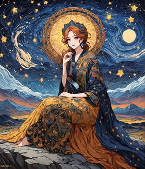 Masterpiece, 4K, ultra detailed, anime style, mature and elegant woman sitting on mountain top boulder, beautiful flawless face with great makeup smiling, dangling earrings, colorful headpiece, epic starry night, windy, more detail XL, SFW, depth of field, Ink art, art nouveau 