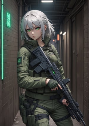 Solo, futuristic anime style, sexy white hair female fighter wearing tactical jacket, big detailed green eyes, aiming with pistol, leaning quietly in back alley with neon signs, highly detailed, (full body portrait), dynamic angle, more detail XL,tacticalgear,,<lora:659095807385103906:1.0>