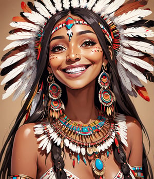 Masterpiece, 4K, ultra detailed, anime style, 1 brown skinned female American Indians chief smiling at viewers, beautiful flawless face with glamourous makeup, dangling earrings, more detail XL, SFW, depth of field, ,Ink art