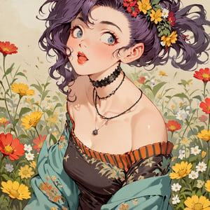 Masterpiece, 4K, ultra detailed, beautiful punk woman, choker necklace, long flowy hair, wild flowers, depth of field, SFW, Ukiyoe Art Style, Vintage American illustration's,KidsRedmAF