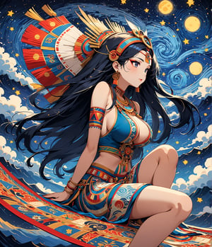Masterpiece, 4K, ultra detailed, anime style, busty ancient Inca woman sitting on a flying carpet in the sky, beautiful flawless face with great makeup, dangling earrings, colorful headpiece, epic starry night, windy, more detail XL, SFW, depth of field, (ukiyoe art style), Ink art,