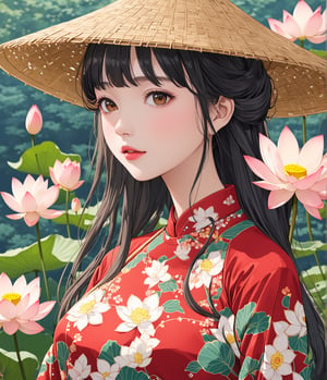 Masterpiece, 4K, ultra detailed, anime Style, 1 beautiful woman with long wavy hair and glossy lips wearing traditional Vietnamese outfit with straw hat, lotus flower s, SFW, depth of field,ao_dai_tet_xl, ukiyoe art style,