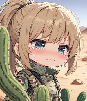 Masterpiece, 4K, ultra detailed, chibi anime style, ((solo)) female solider crying with tears in desert,  ponytail hair, tall cactus, windy, more detail XL, SFW, depth of field, closeup portrait,