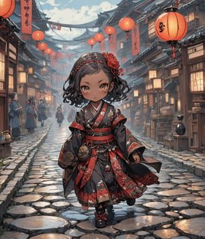Masterpiece, 4K, ultra detailed, chibi anime style, beautiful brown skinned pirates woman with braided hair, bright detailed eyes with goth makeup, marching on cobblestone road, (ukiyoe art style), SFW, depth of field, Details, Deformed