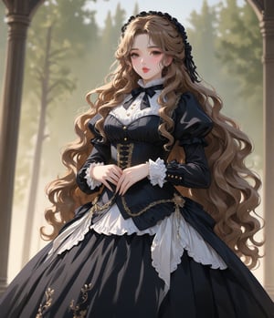 Masterpiece, 4K, ultra detailed, anime Style, 1 beautiful woman with long wavy hair and glossy lips wearing traditional Victorian outfit, SFW, depth of field,shuimo style