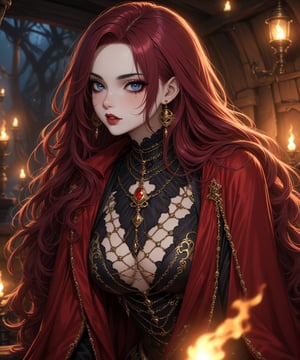 Masterpiece, 4K, ultra detailed, beautiful female pirate with flawless goth makeup, beautiful detailed blue eyes and glossy lips, golden earring, wavy long hair, dark red silk robe, in a secret hideout, torch lights, depth of field, SFW, more detail XL,