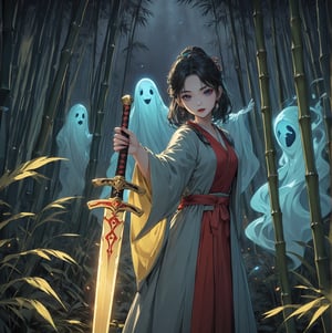 Masterpiece, 4K, ultra detailed, anime style, female ghost buster with flawless makeup and dark blue lips, yellow paper talisman with red wooden sword on 1 hand, dark satin robe, in a dark bamboo forest at night, floating ghost spirit in the back, depth of field, SFW,huayu,glowing sword