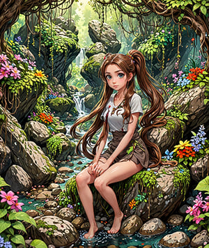 Solo, full body portrait, anime style, beautiful girl with long brown hair in ponytail, big detailed eyes, sitting on boulders, in mythical forest with hanging thick vines and colorful flowers, shallow stream, pebbles, highly detailed, dynamic angle, more detail XL,
