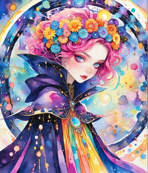 Masterpiece, 4K, ultra detailed, elegant fashionable woman, perfect makeup, flowy cape, magical portal, SFW, depth of field, vibrant Punk Art Style,watercolor \(medium\)