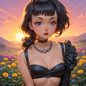 Masterpiece, 4K, ultra detailed, sexy punk woman, choker necklace, long flowy hair, wild flowers, depth of field, SFW, Ukiyoe Art Style, Vintage American illustration's, sunset,