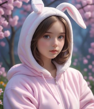 Masterpiece, 4K, ultra detailed, pretty girl wearing puffy bunny onesie, SFW, depth of field, dreamy background,