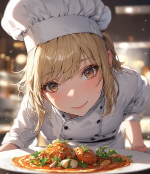 Masterpiece, 4K, ultra detailed, solo, 1 professional female chef with glamorous makeup, chef hat, bent over, fantastic cuisine, depth of field, SFW,