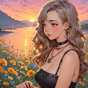 Masterpiece, 4K, ultra detailed, sexy punk woman, choker necklace, long flowy hair, wild flowers, depth of field, SFW, Ukiyoe Art Style, Vintage American illustration's,KidsRedmAF, sunset,