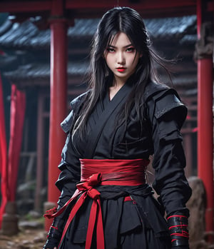 Masterpiece, 4K, ultra detailed, anime style, strong female ninja with flawless makeup and glossy lips, long flowy hair in ninja outfit with red sash, hiding in a abandoned temple at night, depth of field, SFW,