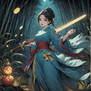 Masterpiece, 4K, ultra detailed, anime style, female ghost buster with flawless makeup and dark blue lips, yellow paper talisman with red wooden sword on 1 hand, dark satin robe, (Gourd Water Bottle tied to waist), in a dark bamboo forest at night, floating ghost spirit in the back, depth of field, SFW,huayu, Ukiyoe Art Style,glowing sword