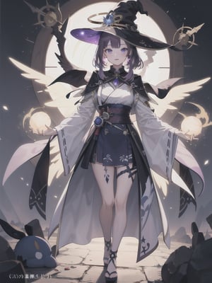 goddess. masterpiece, niji style, halo, magic, witch hat, purple hair, flying lights, mature woman